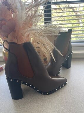 Brown Studded Katliu Block Heel Ankle Boots